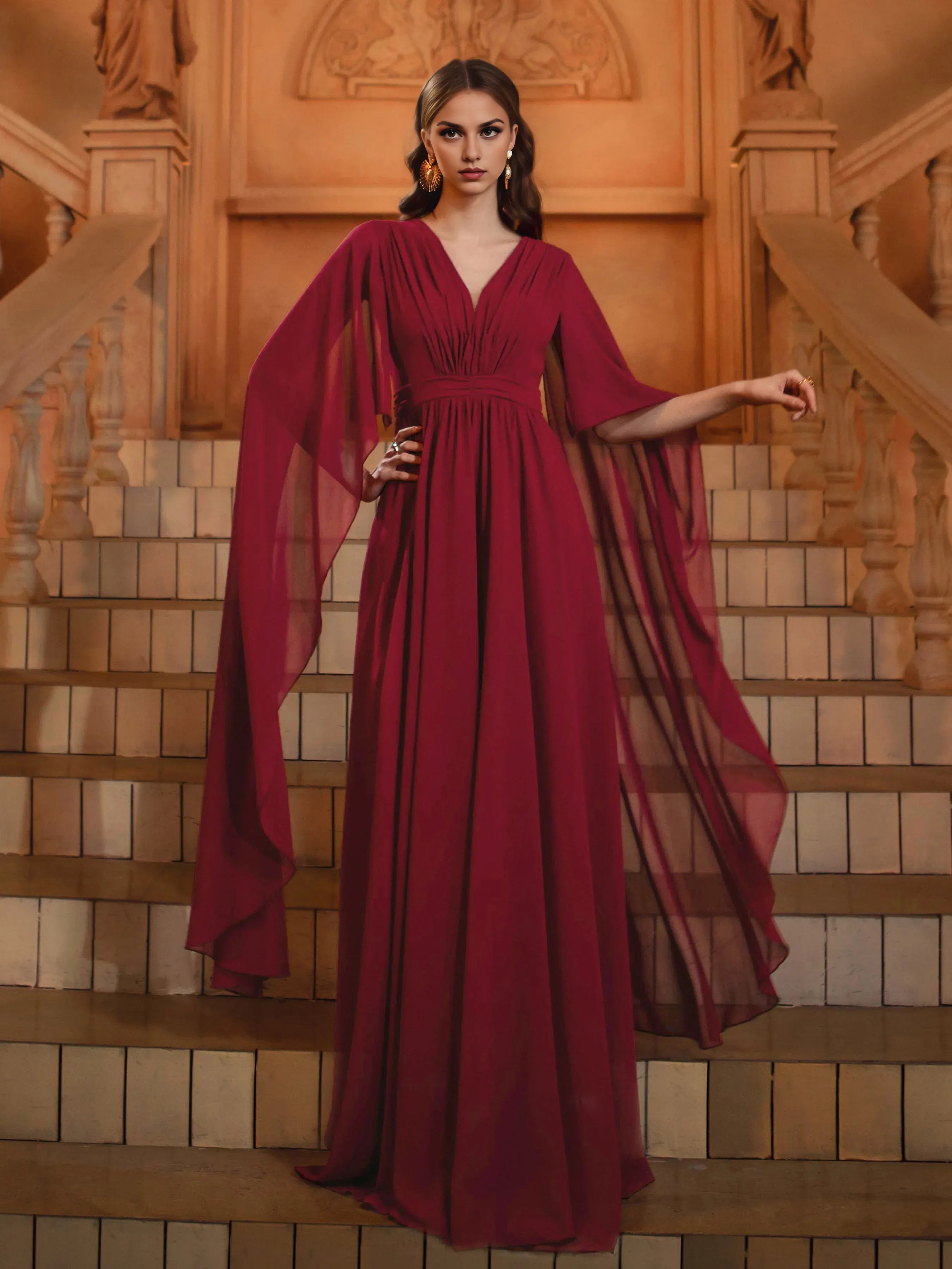 Modern A-Line V-Neck Cape Sleeve Back Zip Floor-Length Prom Dress